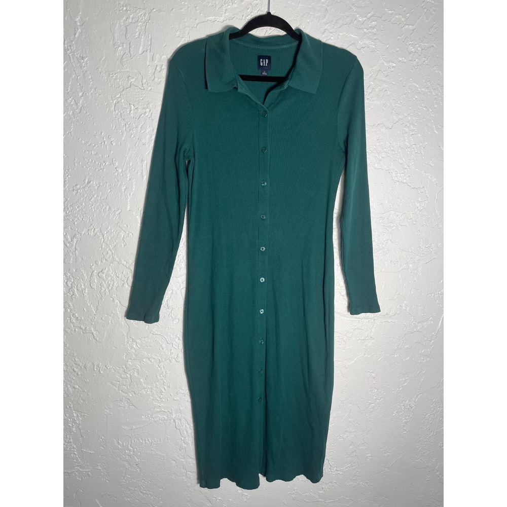 GAP Green Ribbed Button Front Midi Dress Size L Long Sleeve Collared Stretch